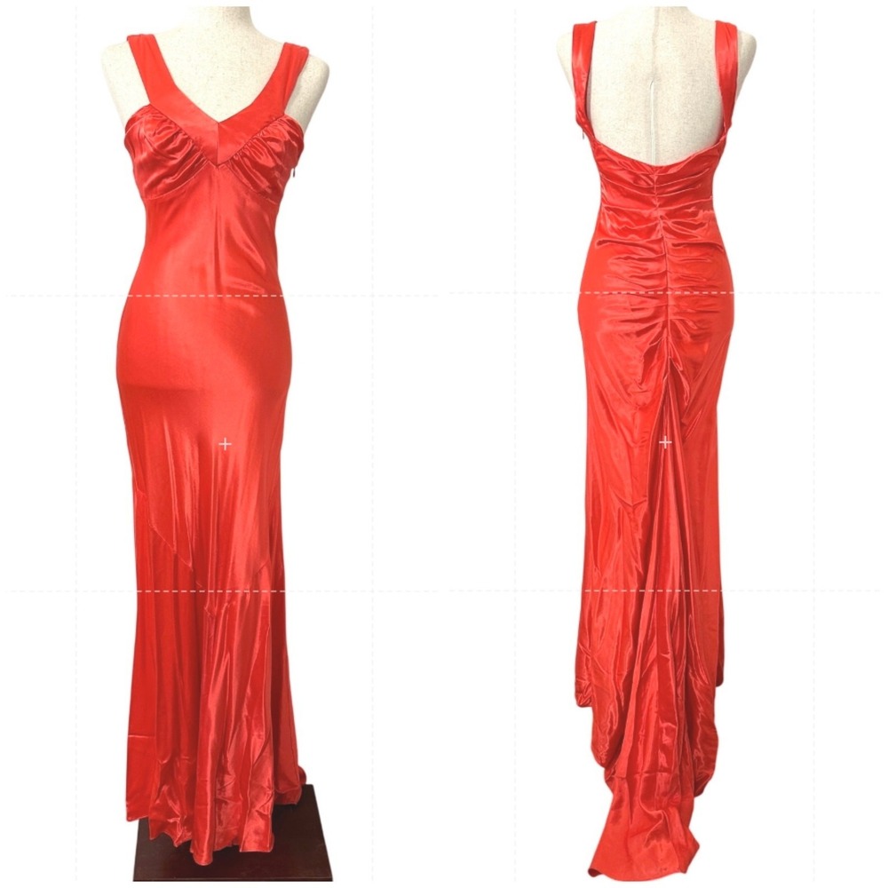 VTG Y2K Orange Satin Ruched Maxi‎ Gown Bodycon Train Formal Prom Dress Fits 4